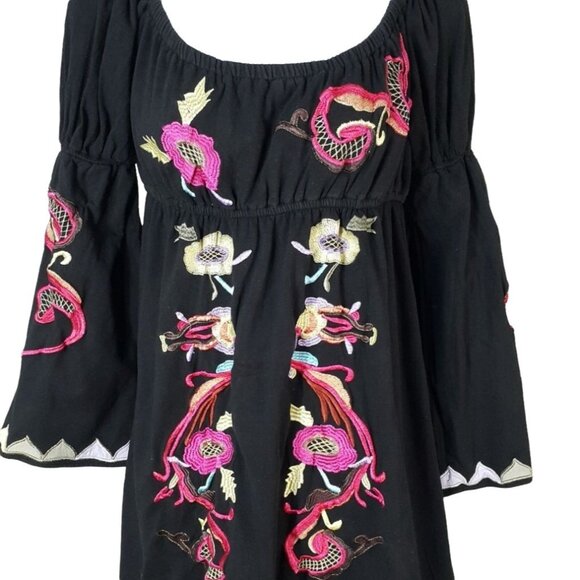 VaVa by Joy Han Mini Shift Dress Black Small Bishop Sleeve Boho Embroider Floral - Picture 2 of 7